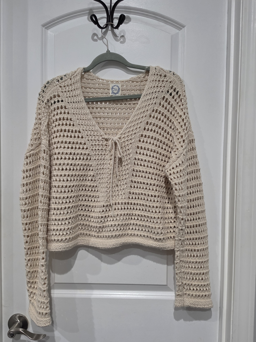 Blue Rain Crochet V-Neck Tie-Front Sweater in Cream